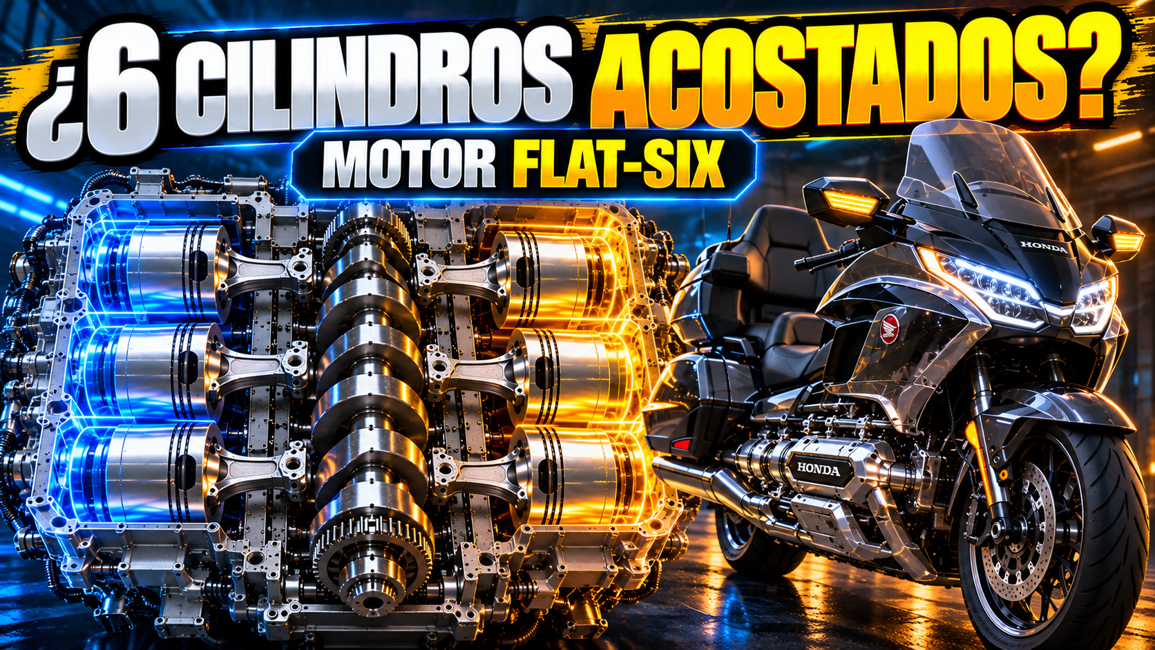 Honda Gold Wing junto a una ilustración de su motor de seis cilindros horizontales opuestos