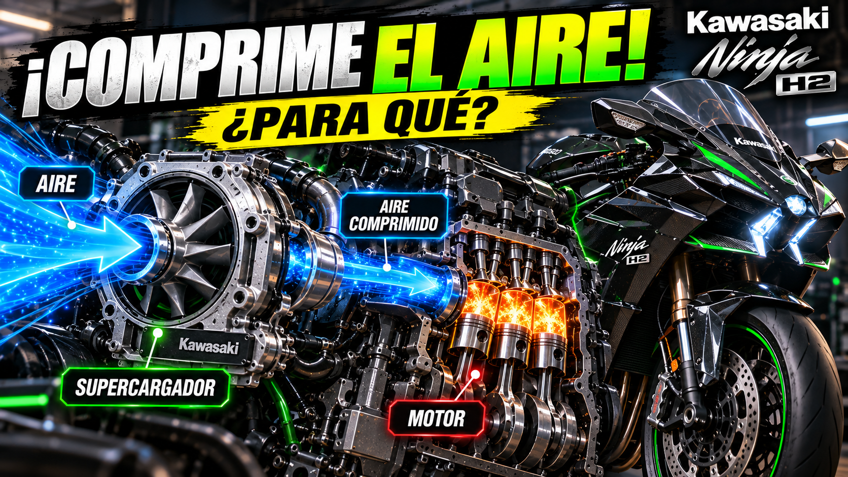Kawasaki Ninja H2 junto a una ilustración de su supercargador y motor