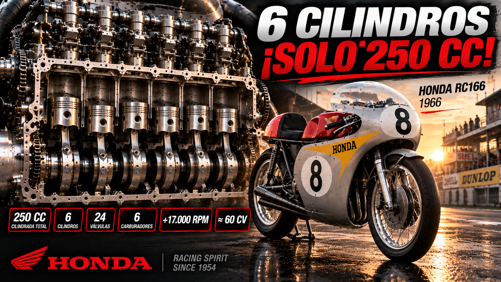 Honda RC166 de competición junto a una ilustración de su motor de seis cilindros