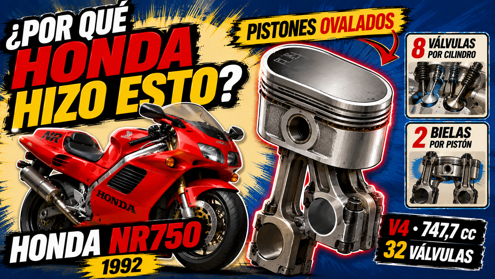 Honda NR750 roja junto a una ilustración de su pistón ovalado