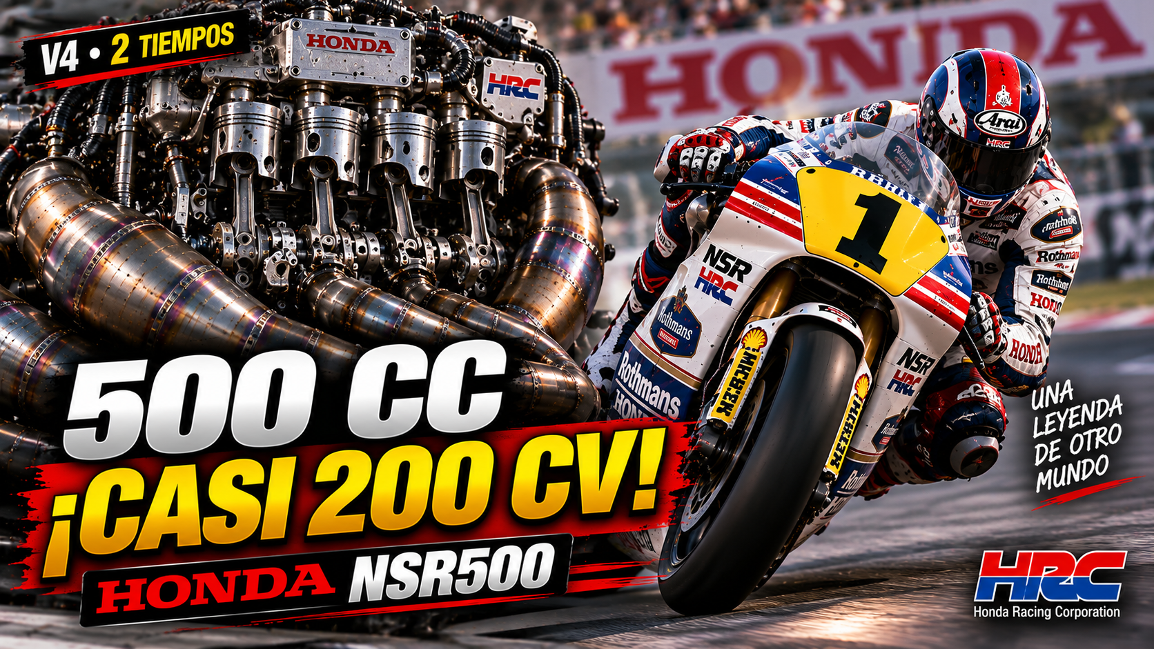 Ilustración de una Honda NSR500 en competición junto a su motor V4