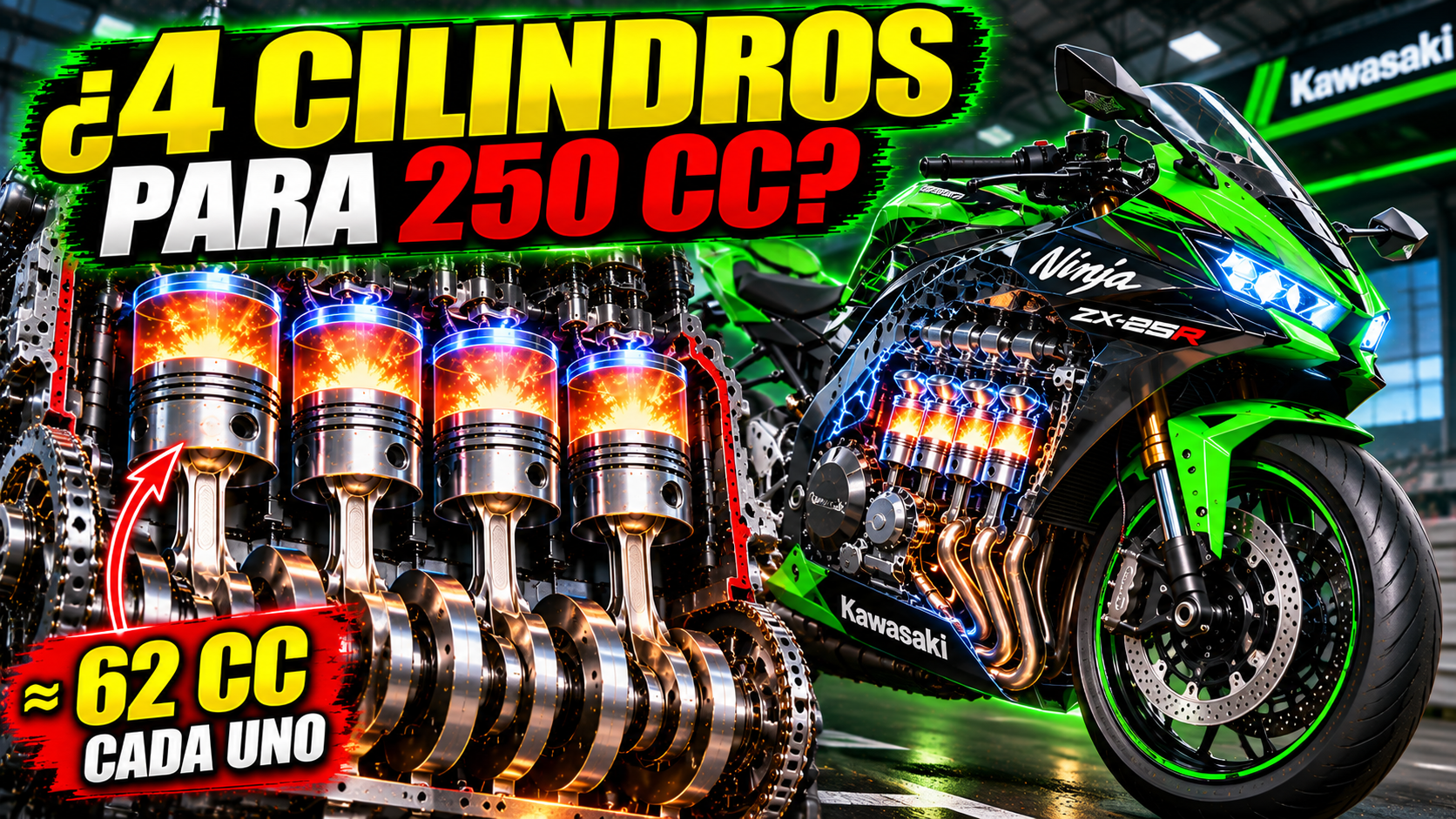 Kawasaki Ninja ZX-25R junto a una ilustración de sus cuatro cilindros