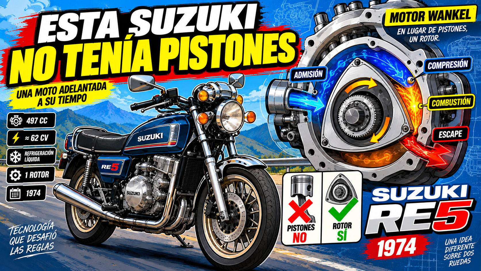 Suzuki RE5 azul junto a un esquema de su motor Wankel