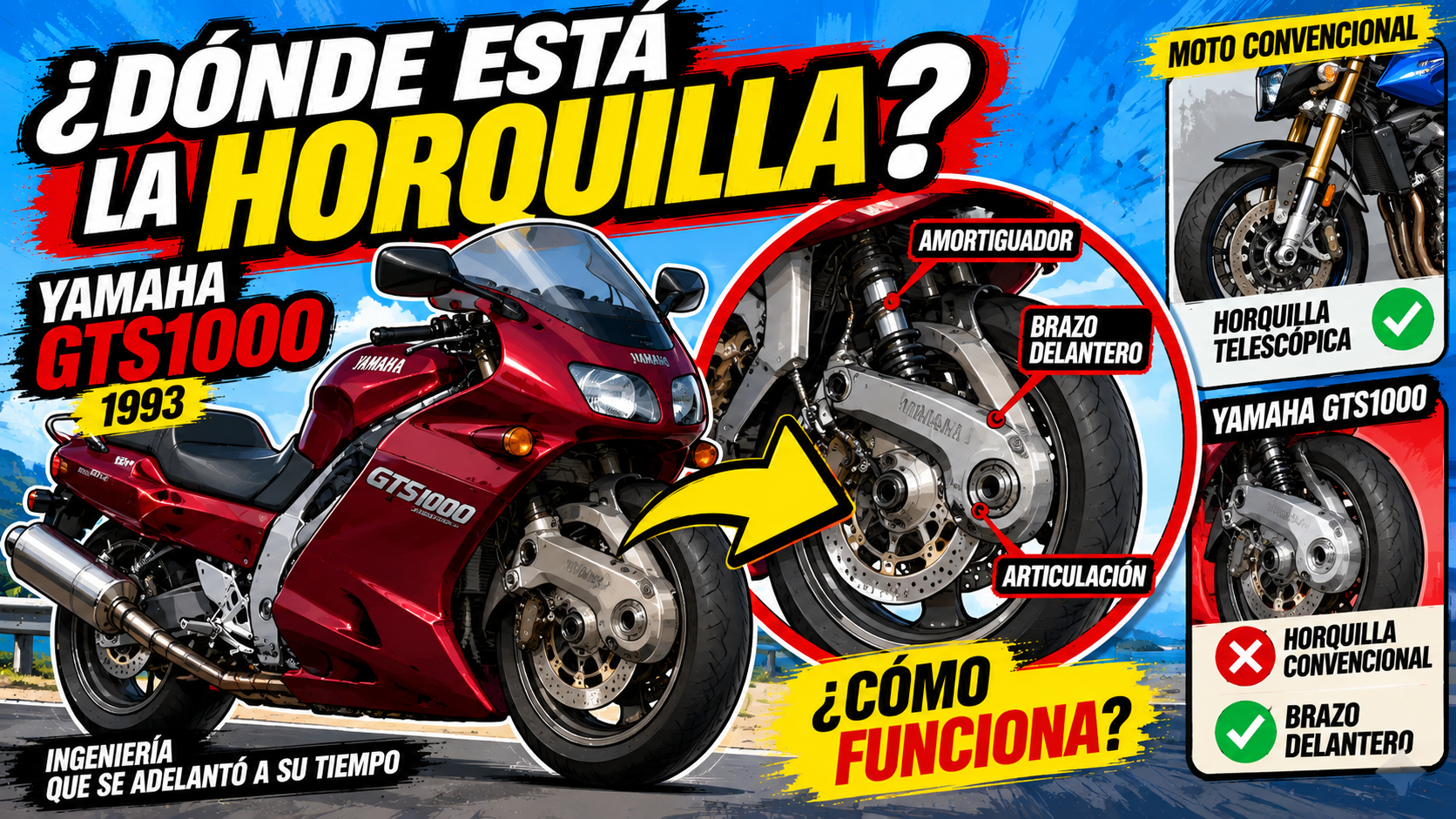Yamaha GTS1000 roja y esquema de su suspensión delantera