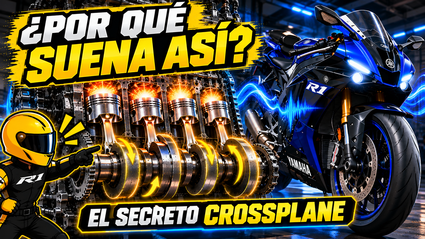 Yamaha R1 azul junto a una ilustración de su cigüeñal crossplane