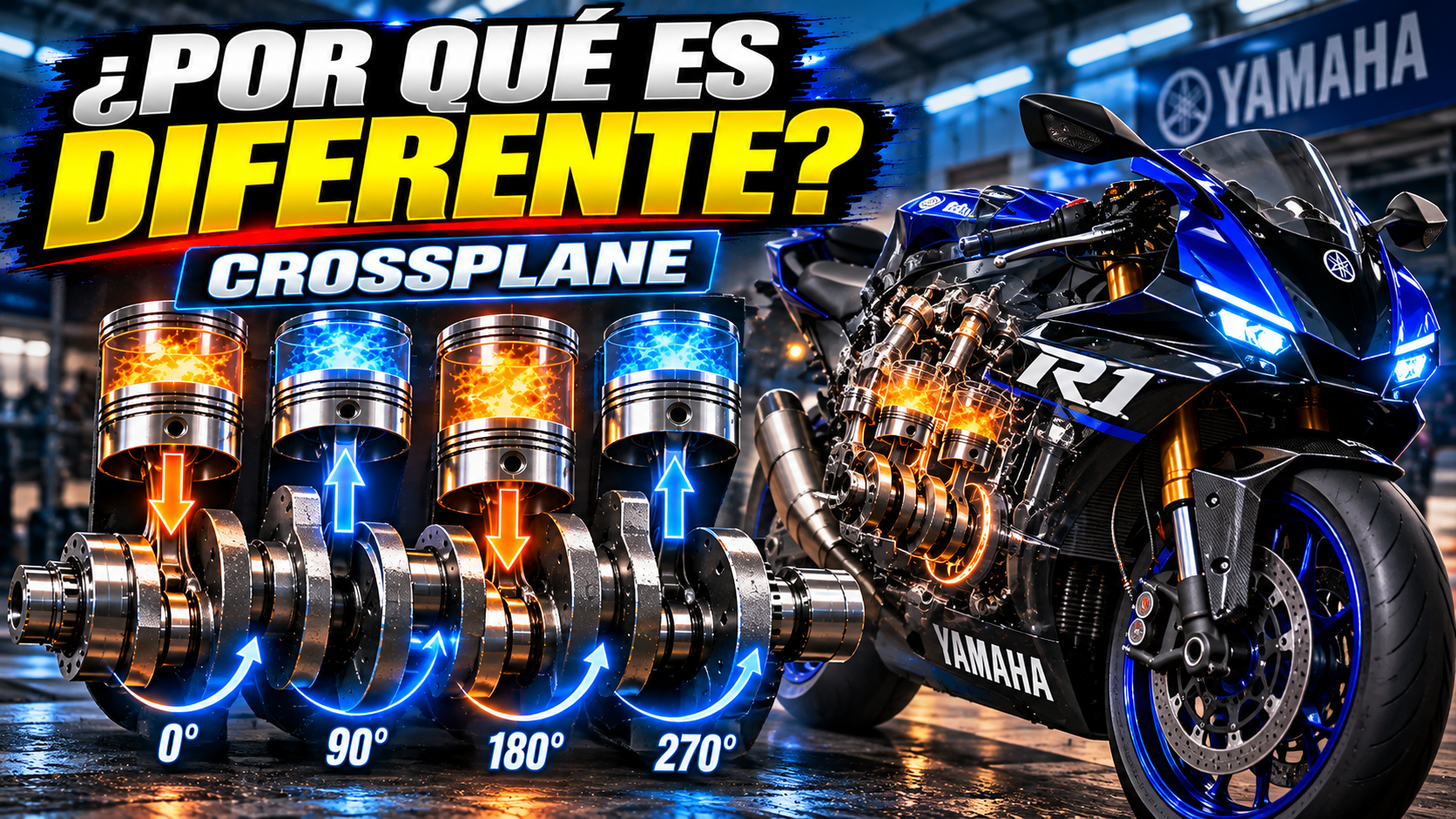 Ilustración de Yamaha YZF-R1 azul y su motor crossplane